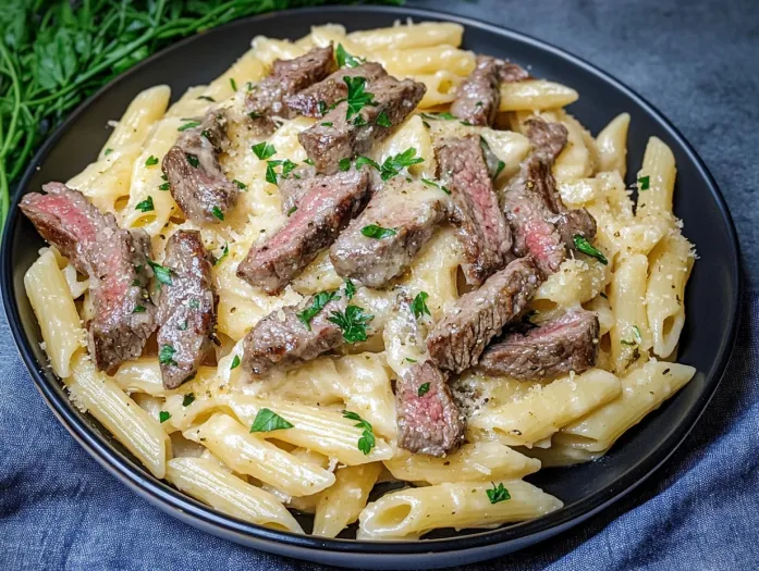 a plate of steak pasta
