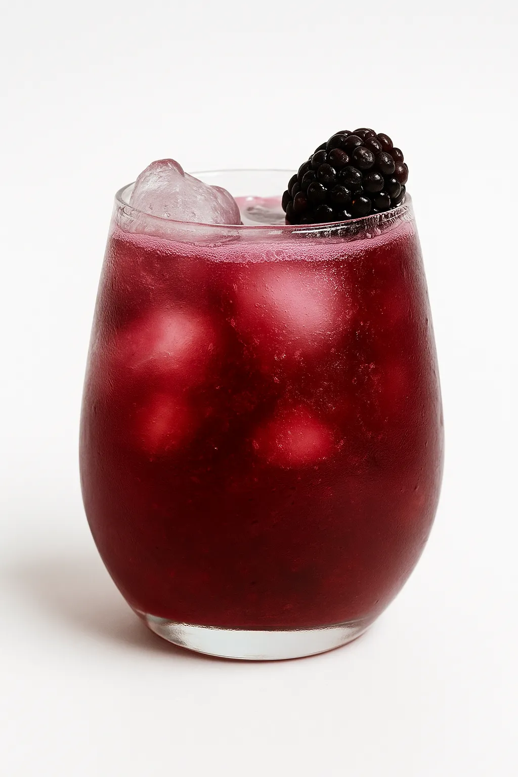 A vibrant, dark red blackberry mocktail fills a clear glass with ice cubes. A large, ripe blackberry sits on the rim as a garnish. Condensation is visible on the outside of the glass, suggesting it's cold and refreshing.