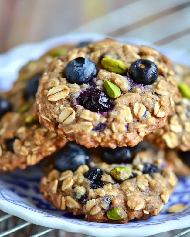 Close-up of chewy blueberry pistachio oatmeal cookies stacked on a blue and white plate, showing fresh blueberries and toasted pistachios in a golden oat base.