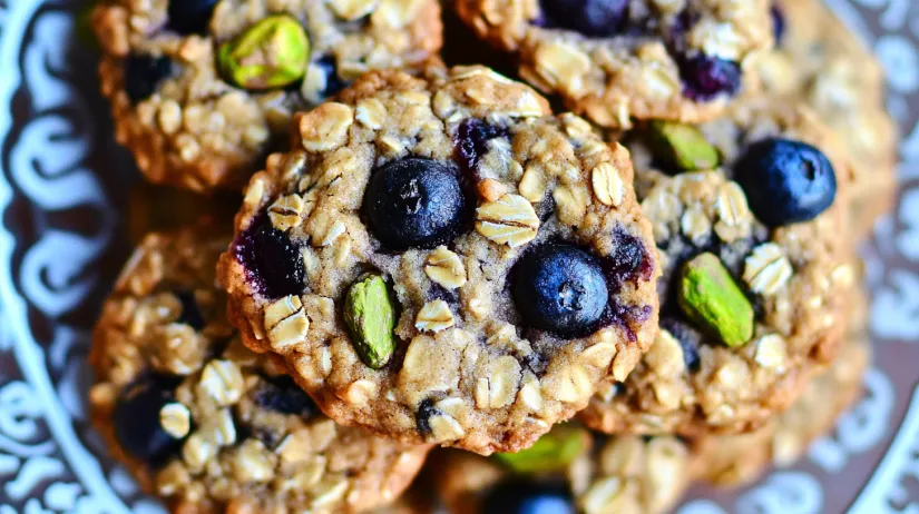 Overhead view of blueberry pistachio oatmeal cookies stacked on a decorative tray, showcasing plump blueberries, green pistachios, and golden oats.