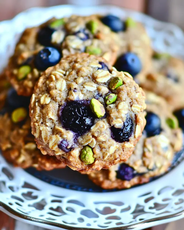 Homemade blueberry pistachio oatmeal cookies arranged on a white lace-edged tray, highlighting juicy blueberries and crunchy pistachio pieces in a soft oatmeal cookie.