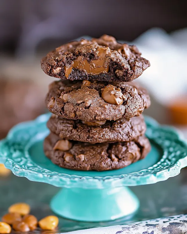 Stack of rich magic brownie cookies with gooey chocolate and butterscotch chips on a teal cake stand, with the top cookie broken open to show the melted center.