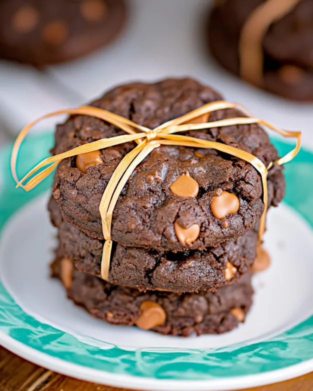 Stack of chocolate magic brownie cookies tied with golden ribbon, featuring visible butterscotch chips on a white and green plate—perfect for gifting.
