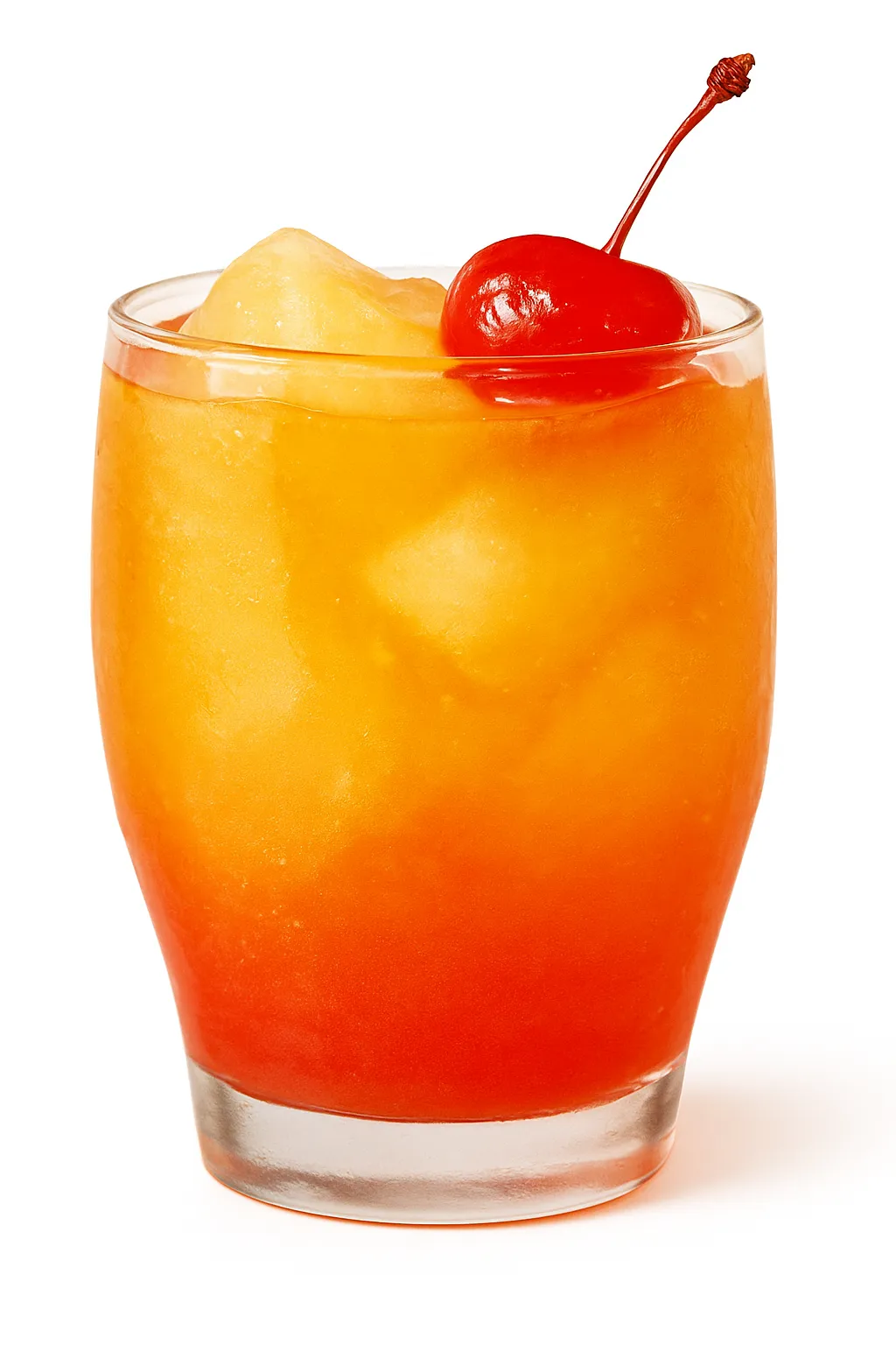 A layered orange and red Sunrise Mocktail is served in a clear glass filled with ice. A bright red maraschino cherry on a pick garnishes the drink.