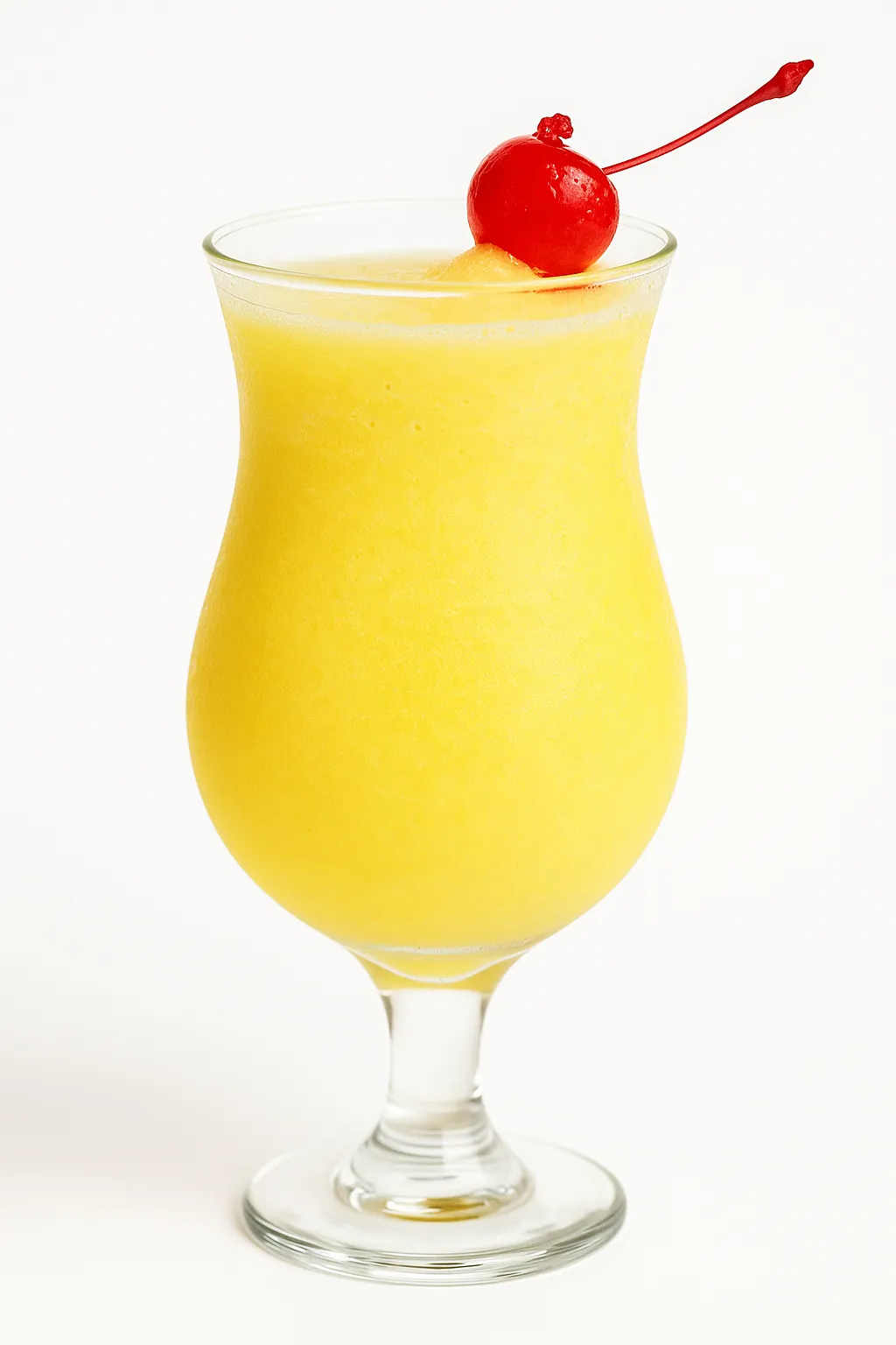 A smooth, pale yellow Pineapple Mocktail is presented in a stemmed glass. A red maraschino cherry on a pick adorns the rim.