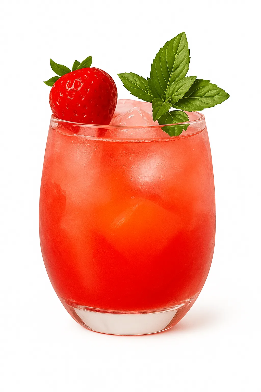 A refreshing Strawberry Mocktail is served in a clear glass with ice. The drink has a light red hue and is garnished with a fresh red strawberry and a sprig of mint leaves.