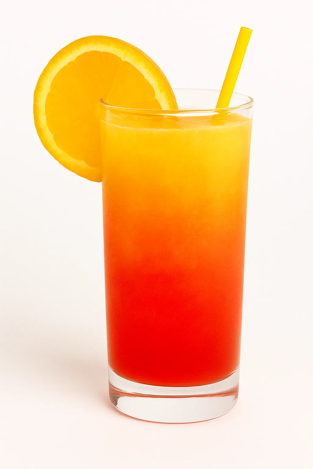 A layered Sunrise Mocktail in a tall clear glass shows vibrant gradients of red, orange, and yellow. A slice of fresh orange sits on the rim, and a yellow straw is placed in the drink.
