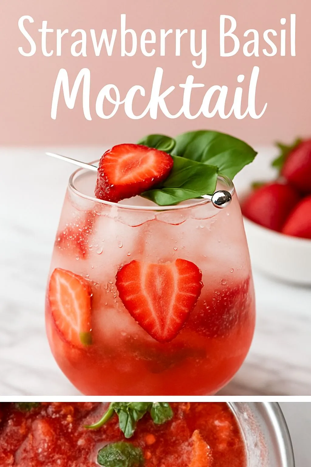 This image shows a finished Strawberry Basil Mocktail in a glass, garnished with a strawberry and basil. It also contains a portion of the image showing the muddled strawberry and basil mixture.