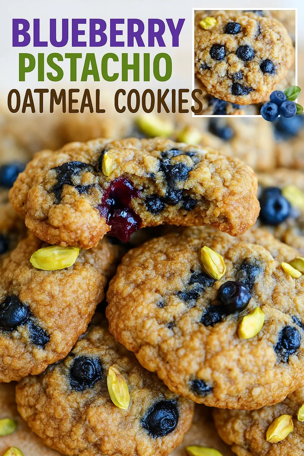 Close-up of golden blueberry pistachio oatmeal cookies with juicy blueberries and vibrant pistachios, featuring a bold text overlay reading “Blueberry Pistachio Oatmeal Cookies.”
