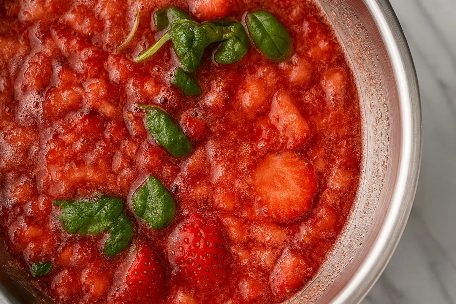 This image shows a close-up of the muddled strawberry and basil mixture.