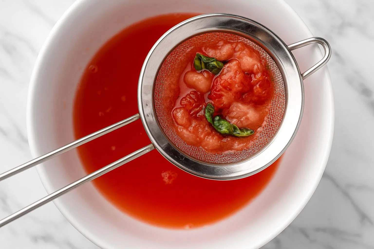 This image shows the process of preparing the strawberry and basil mixture, possibly by straining it.