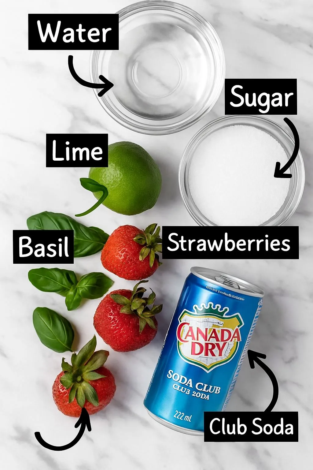 This image shows the ingredients for the strawberry basil mocktail. It includes strawberries, basil, lime, sugar, water, and club soda.