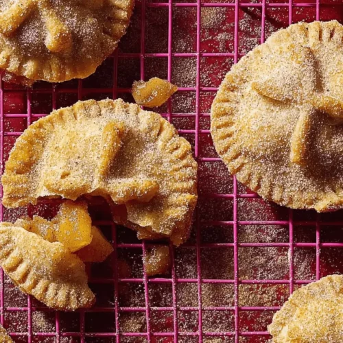 Overhead shot of golden-brown Apple Pie Cookies, generously dusted with sugar and spice, on a vibrant pink cooling rack. One cookie reveals its warm apple filling.