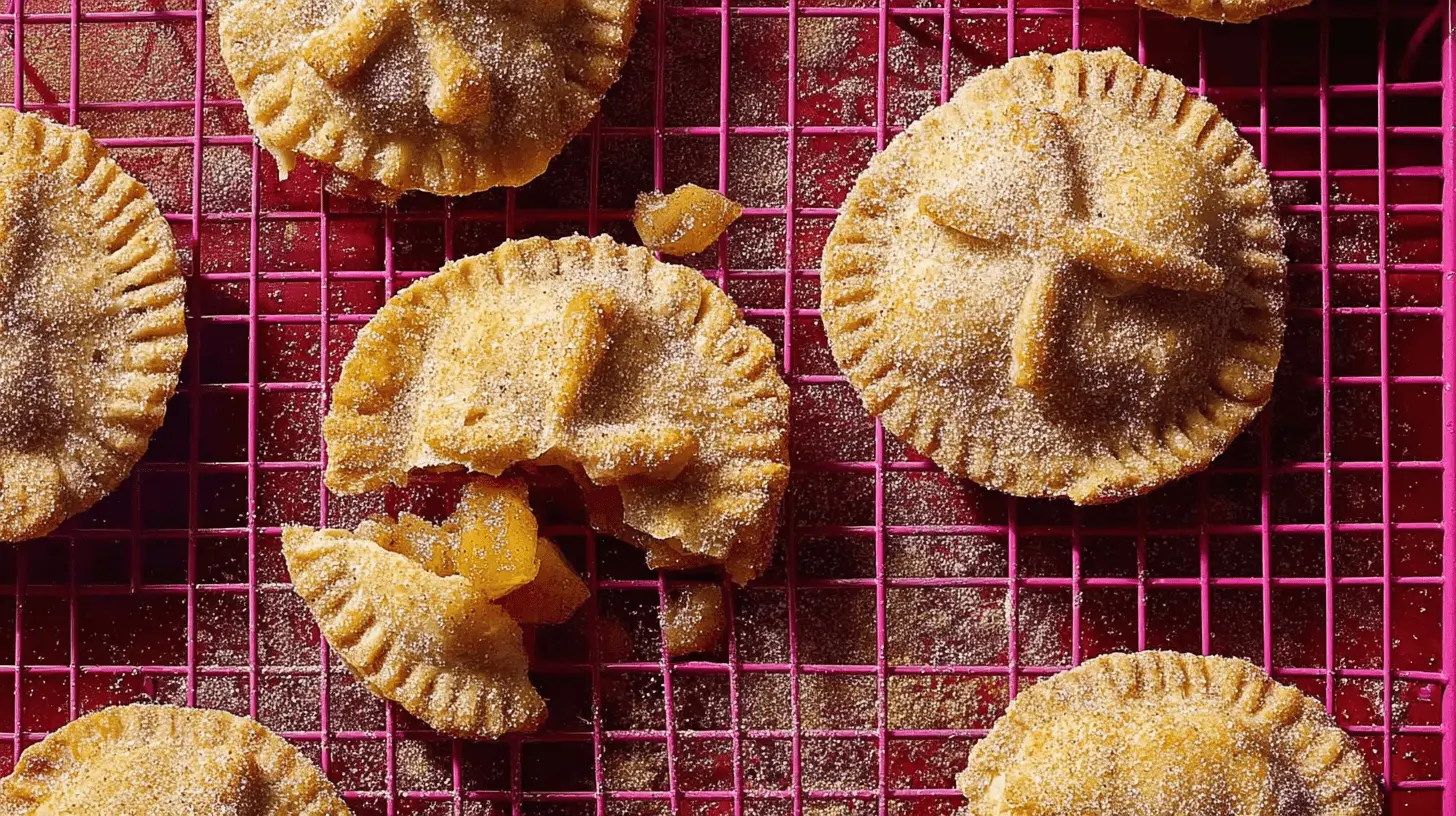 Overhead shot of golden-brown Apple Pie Cookies, generously dusted with sugar and spice, on a vibrant pink cooling rack. One cookie reveals its warm apple filling.