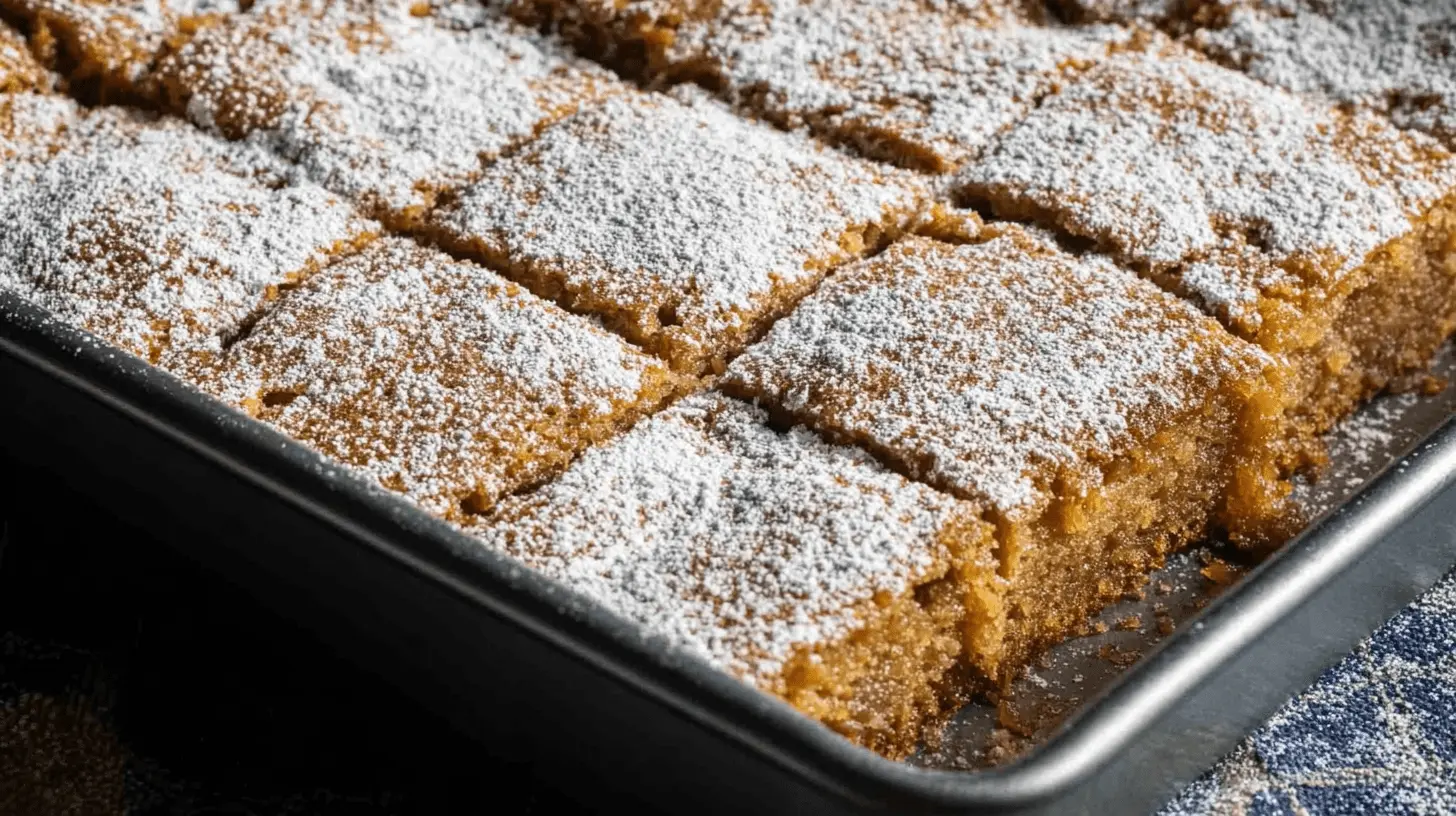 Freshly baked Applesauce Cake bars, generously dusted with powdered sugar and cut into squares in a baking pan.