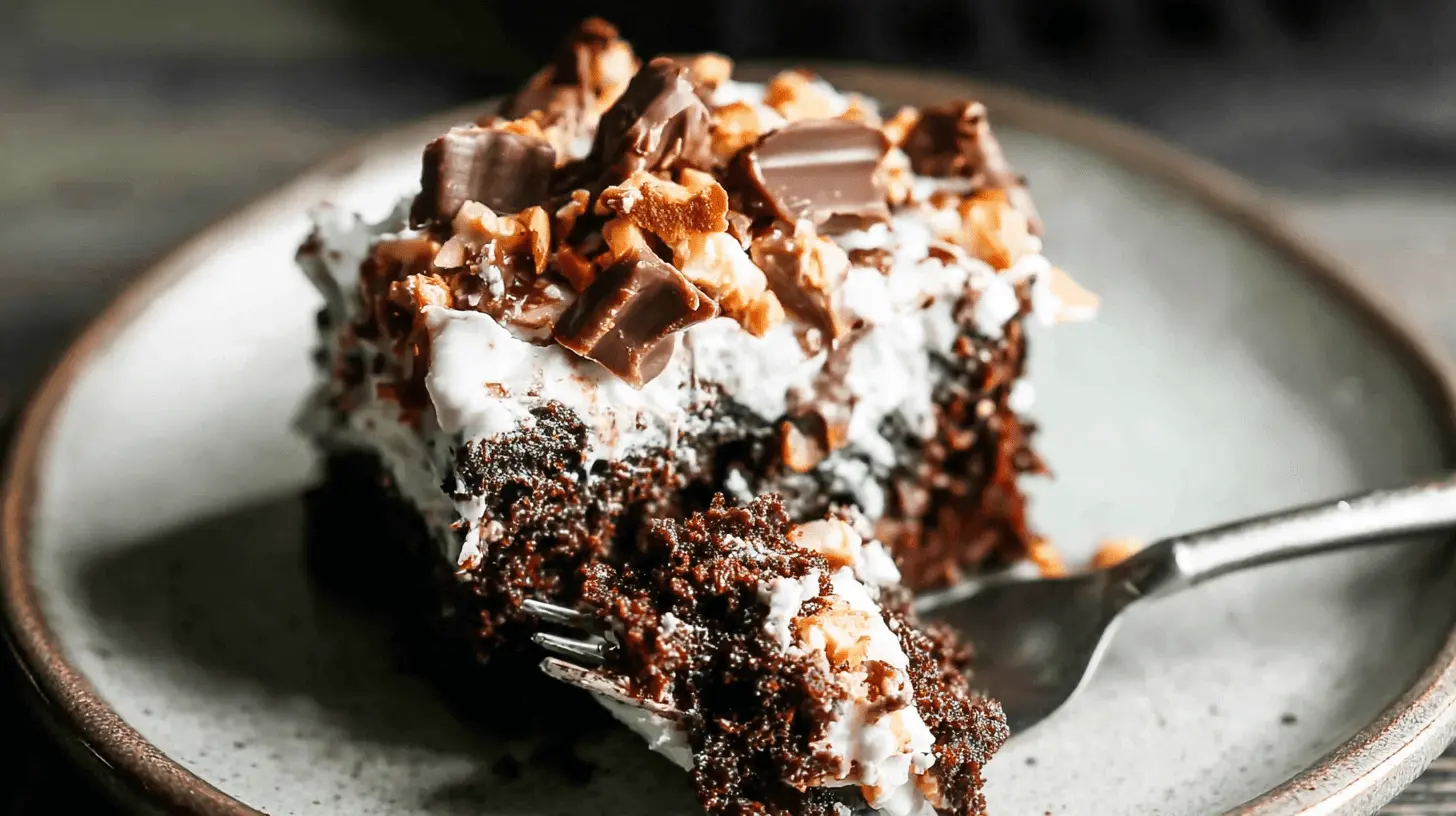 A decadent slice of Better Than Sex Cake with rich chocolate, fluffy white topping, chocolate chunks, and nuts, being lifted by a fork on a rustic plate.