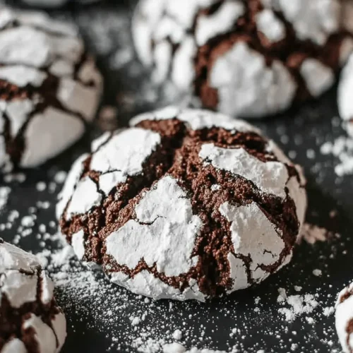 Freshly baked Chocolate Crinkle Cookies dusted generously with powdered sugar.