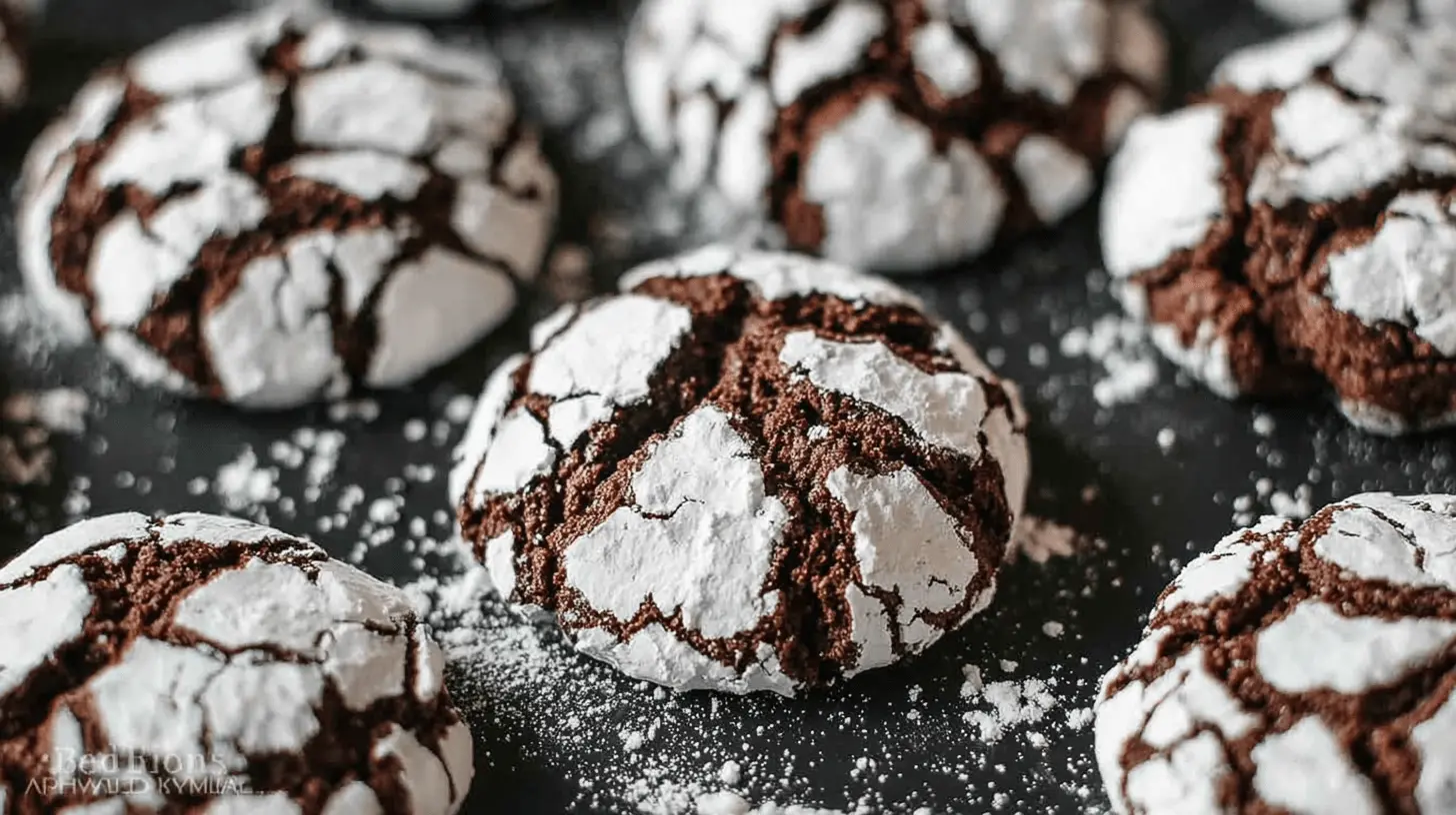 Freshly baked Chocolate Crinkle Cookies dusted generously with powdered sugar.