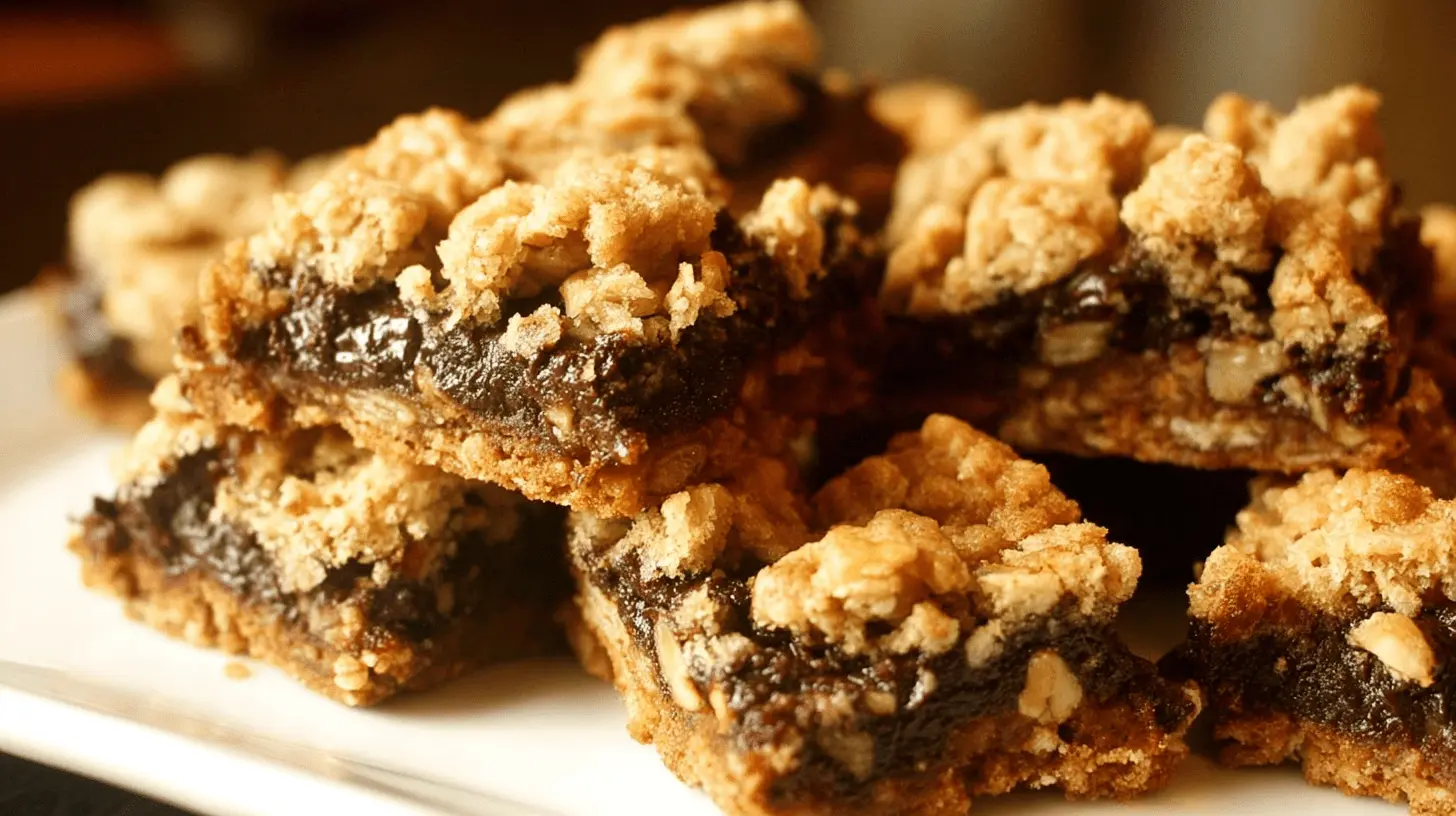 Stack of homemade Chocolate Revel Bars on a white plate.