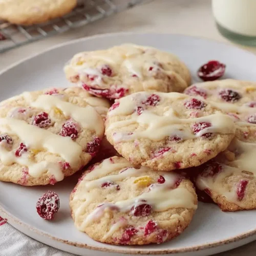 A plate of freshly baked Cranberry Orange Cookies drizzled with white glaze, with more cookies on a cooling rack and milk in the background.