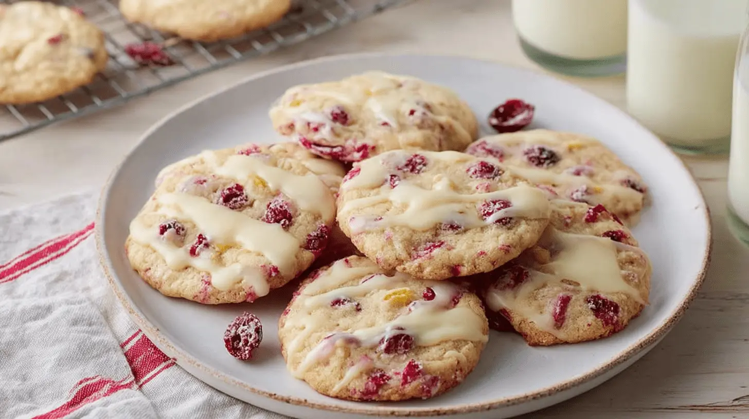 A plate of freshly baked Cranberry Orange Cookies drizzled with white glaze, with more cookies on a cooling rack and milk in the background.