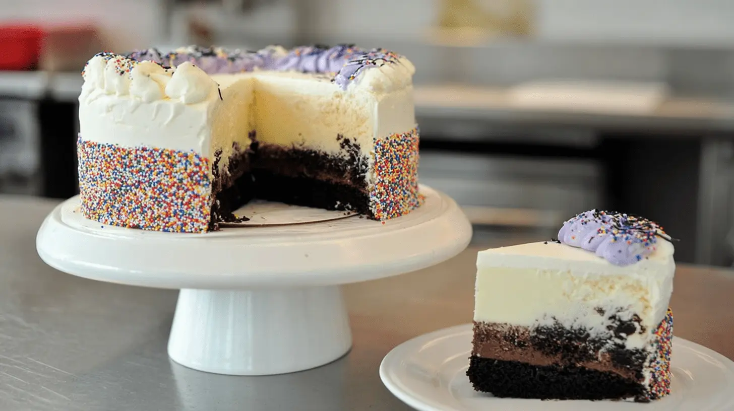 A vibrant, professionally decorated layered ice cream cake with rainbow sprinkles and a slice removed, revealing chocolate and creamy yellow layers.