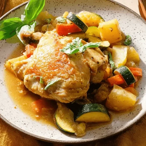 Golden-brown Ratatouille Baked Chicken with vibrant zucchini, carrots, and fresh basil on a rustic plate.
