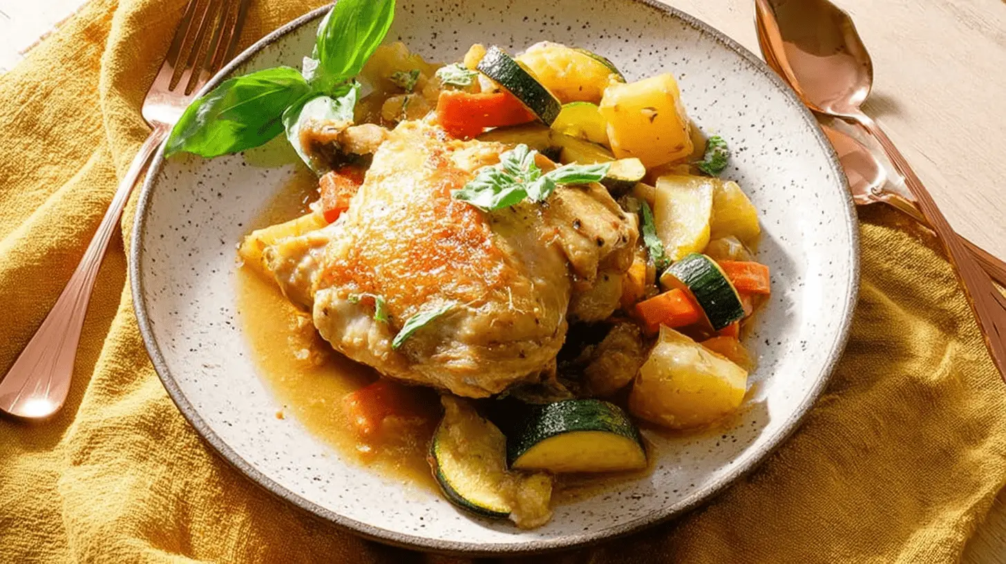 Golden-brown Ratatouille Baked Chicken with vibrant zucchini, carrots, and fresh basil on a rustic plate.