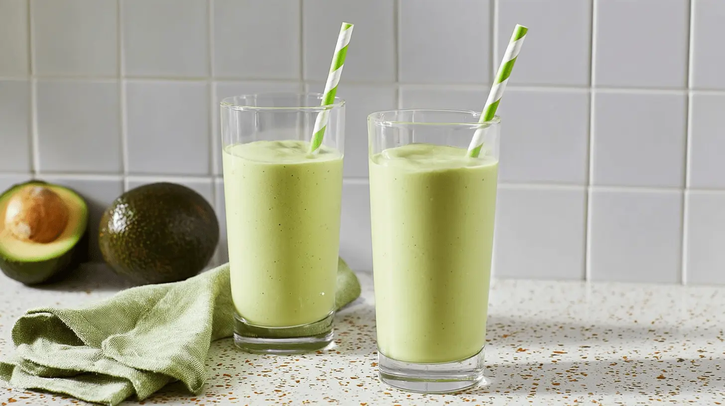 Two glasses of fresh avocado smoothie on a kitchen counter with whole and halved avocados.