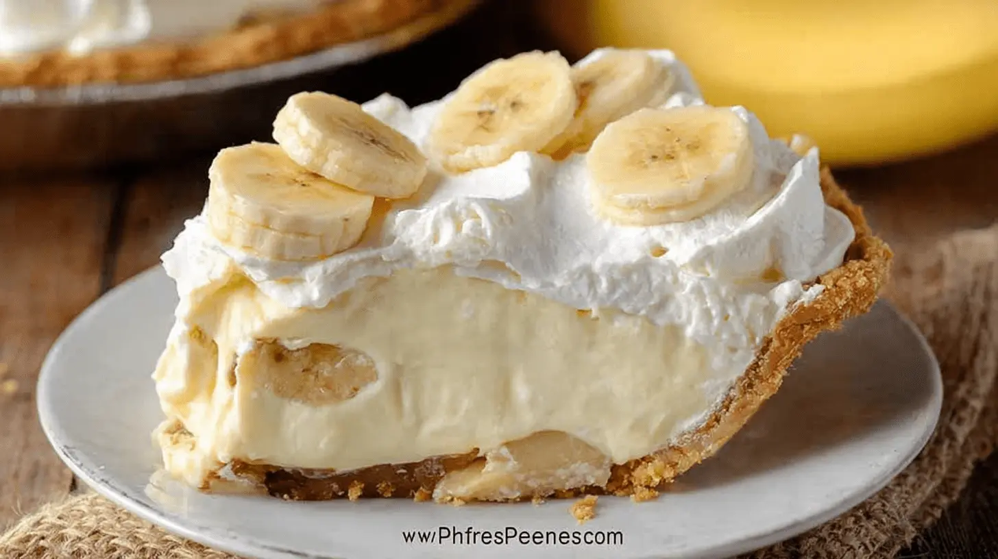 Delicious slice of homemade banana cream pie with whipped cream and fresh banana slices on a white plate.