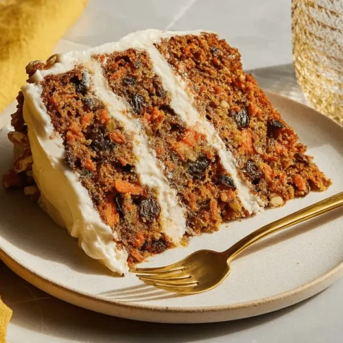 A beautifully presented slice of carrot cake with cream cheese frosting, served on a light plate with a golden fork.