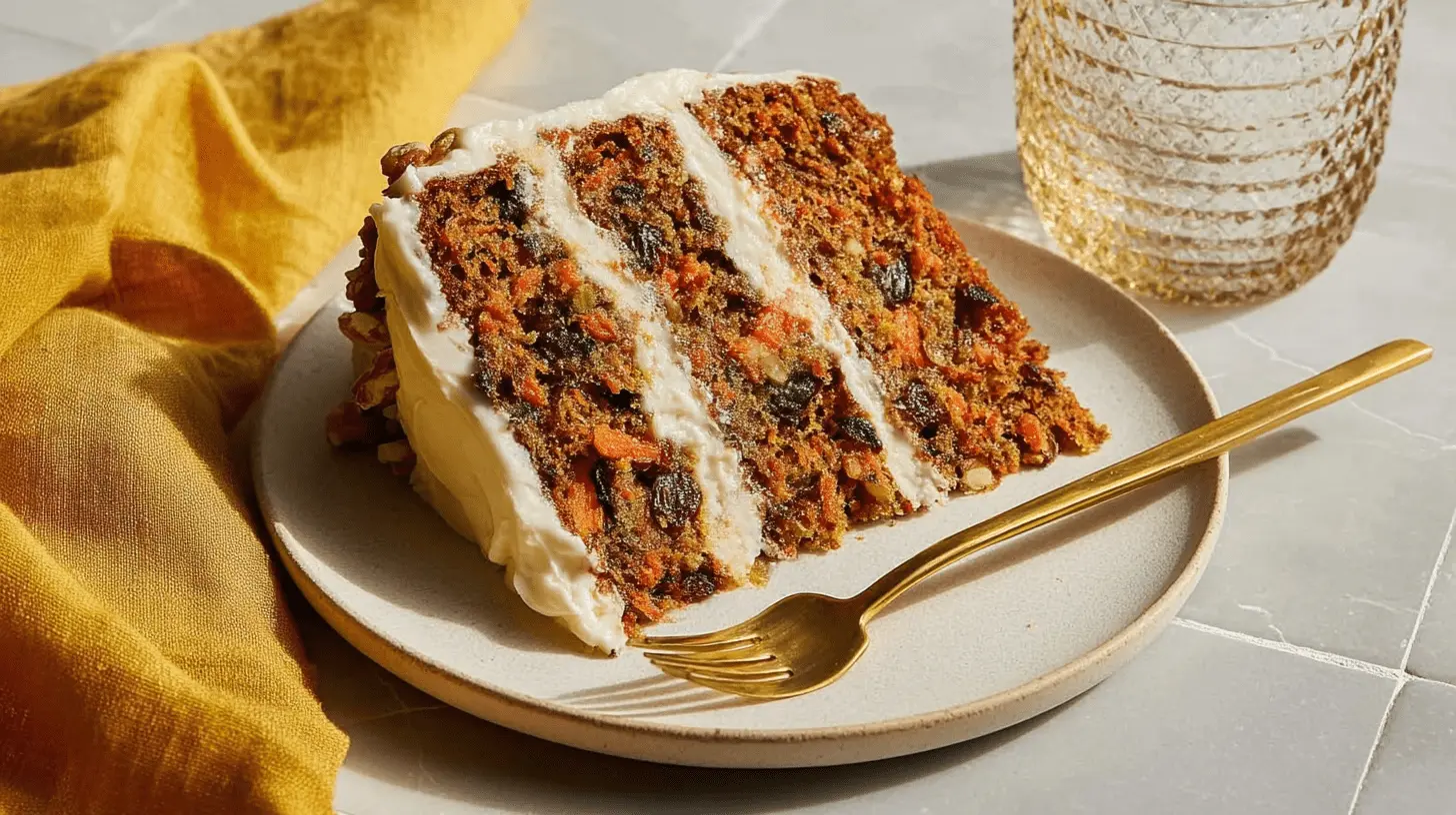 A beautifully presented slice of carrot cake with cream cheese frosting, served on a light plate with a golden fork.