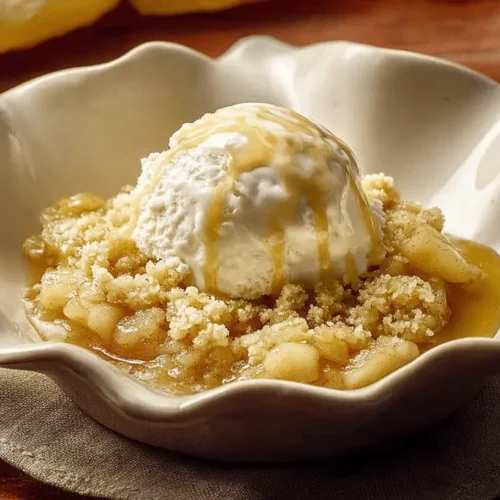 Warm apple dump cake with streusel topping, vanilla ice cream, and caramel drizzle in a rustic ceramic bowl.