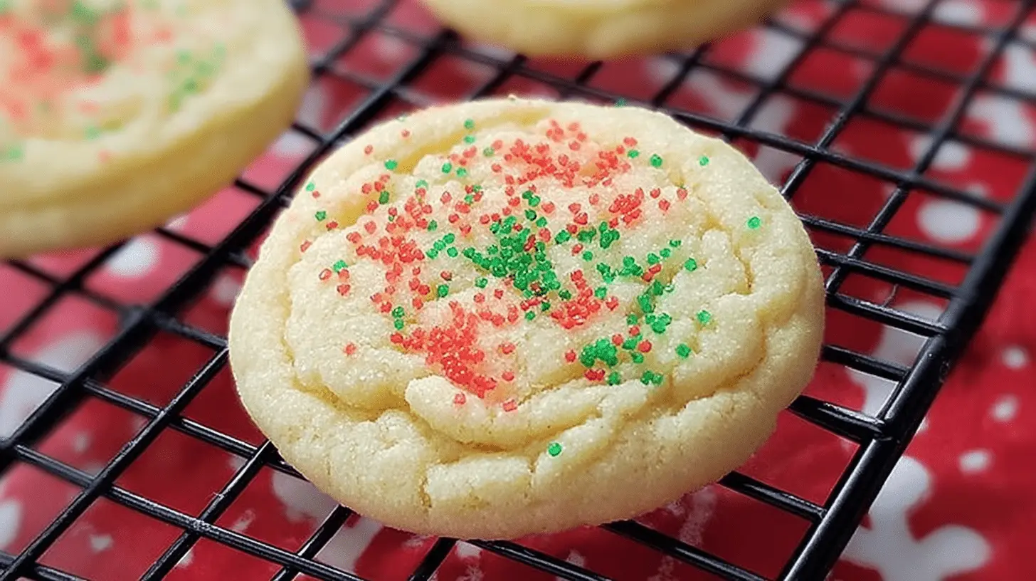 Close-up of a festive, easy sugar cookie with red and green sprinkles on a cooling rack.