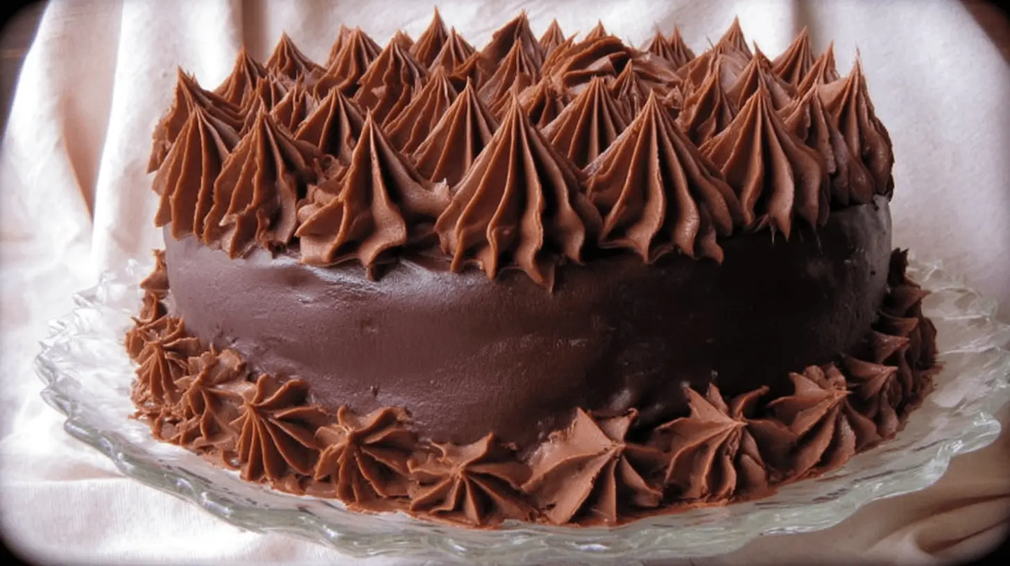 A decadent extreme chocolate cake with dark frosting and intricate piped swirls, presented on a glass stand.