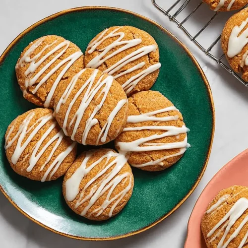 Overhead view of freshly baked Iced Pumpkin Cookies with white drizzle on green and pink plates, alongside a cooling rack.