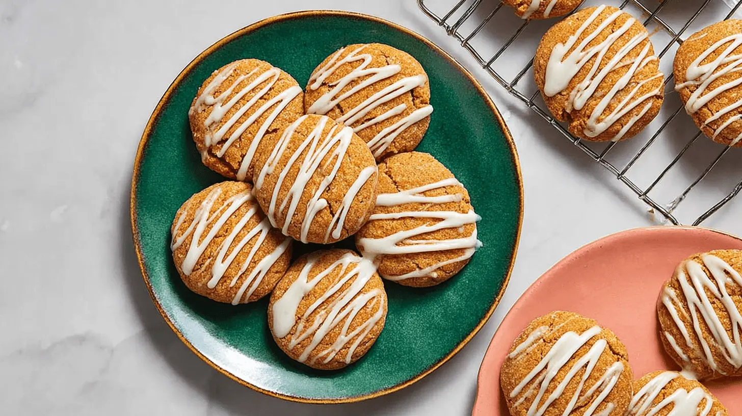 Overhead view of freshly baked Iced Pumpkin Cookies with white drizzle on green and pink plates, alongside a cooling rack.