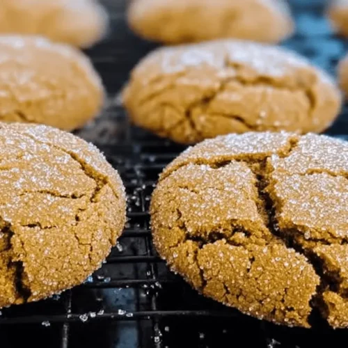 Close-up of freshly baked molasses cookies with crinkled tops, sparkling sugar, cooling on a wire rack.
