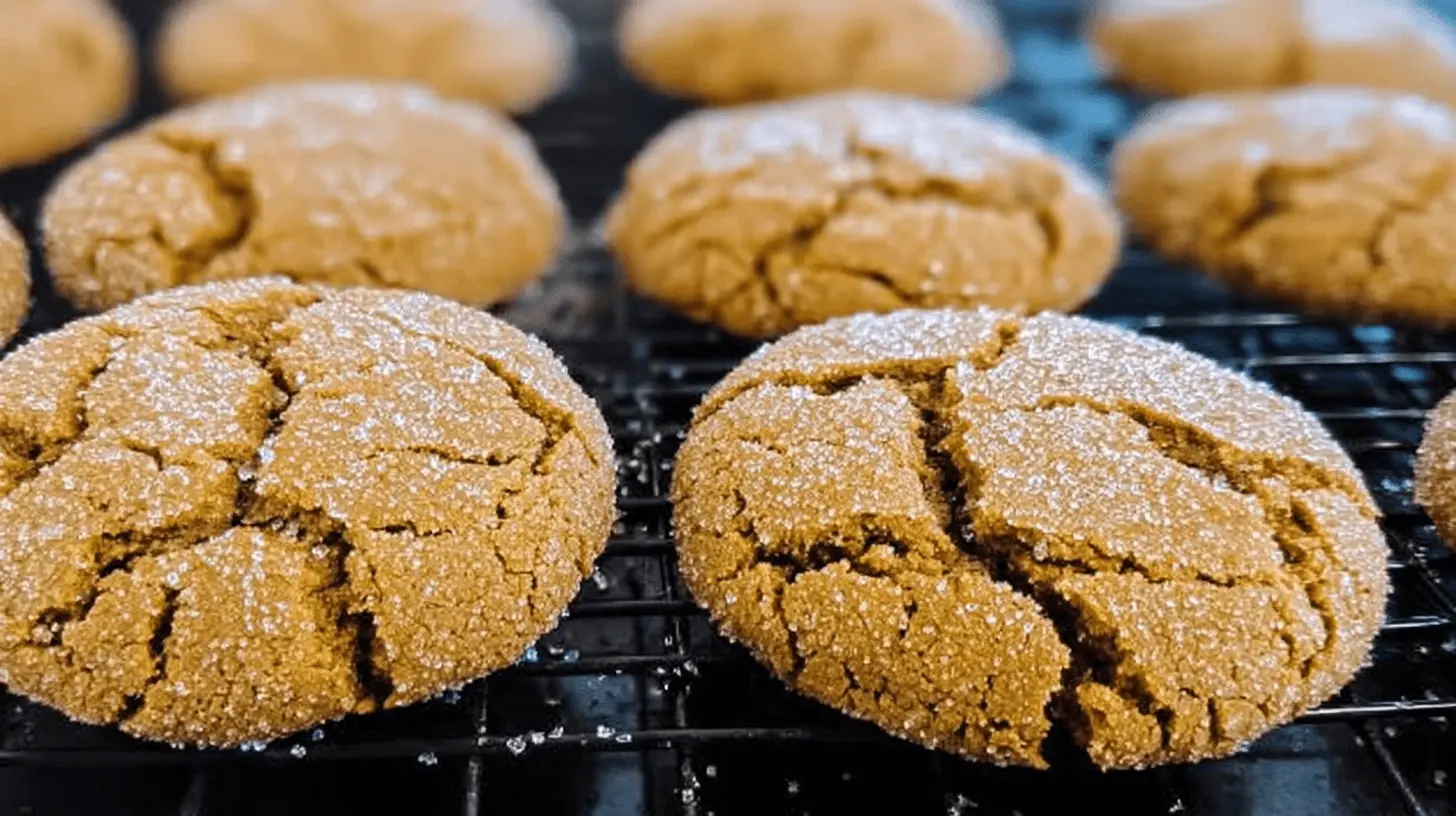 Close-up of freshly baked molasses cookies with crinkled tops, sparkling sugar, cooling on a wire rack.