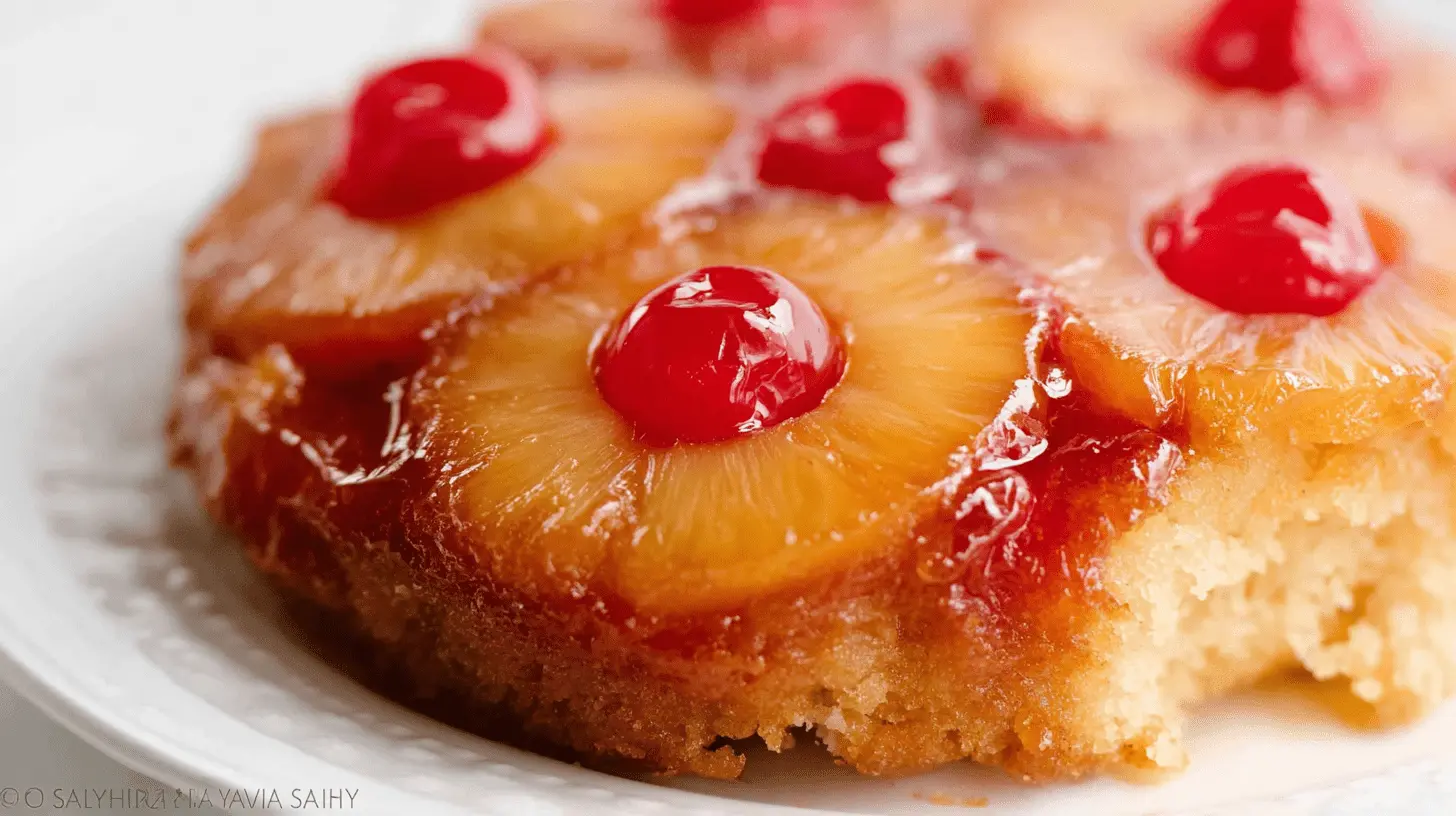 Close-up of a delicious, caramelized pineapple upside down cake with a bite taken out, showing its moist interior and glistening cherries.