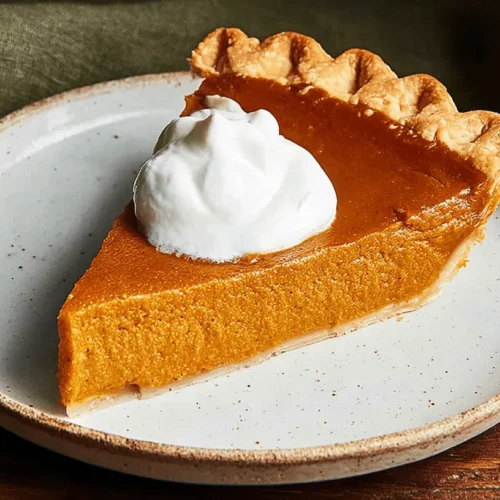 A delicious slice of sweet potato pie with whipped cream on a speckled ceramic plate.