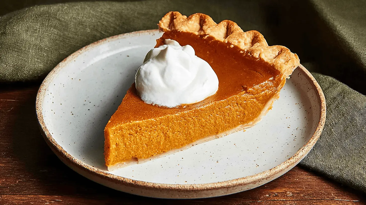A delicious slice of sweet potato pie with whipped cream on a speckled ceramic plate.
