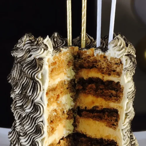 Close-up of a beautifully decorated tiramisu layer cake, showing its rich, creamy layers and cocoa dusting, perfect for a celebration.