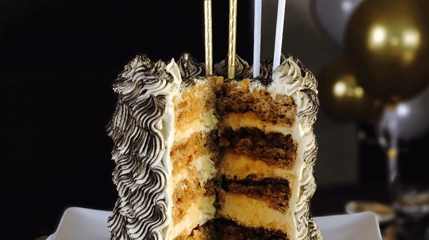 Close-up of a beautifully decorated tiramisu layer cake, showing its rich, creamy layers and cocoa dusting, perfect for a celebration.