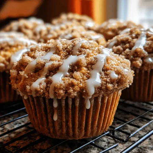 Close-up of freshly baked Pumpkin Crumb Cake Muffins with a sweet glaze and streusel topping cooling on a wire rack.