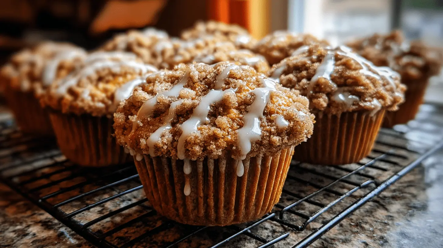 Close-up of freshly baked Pumpkin Crumb Cake Muffins with a sweet glaze and streusel topping cooling on a wire rack.