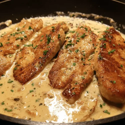 Close-up of golden-brown pan-fried creamy chicken cutlets in a rich, light beige sauce, garnished with chives in a dark frying pan.