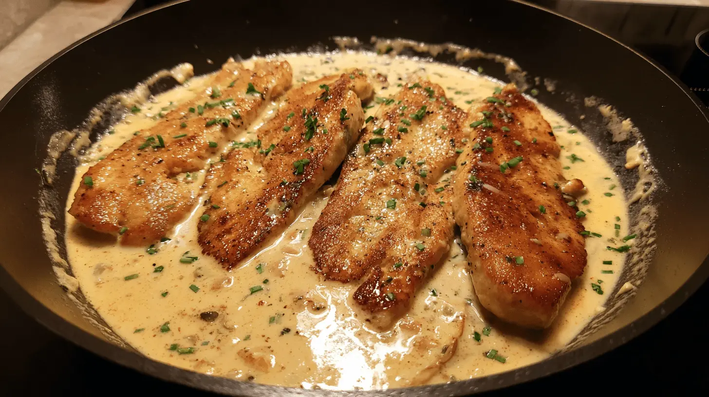 Close-up of golden-brown pan-fried creamy chicken cutlets in a rich, light beige sauce, garnished with chives in a dark frying pan.