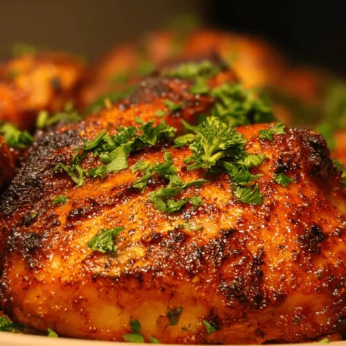 Close-up of perfectly roasted oven chicken thighs with crispy, browned skin and fresh parsley on a serving dish.