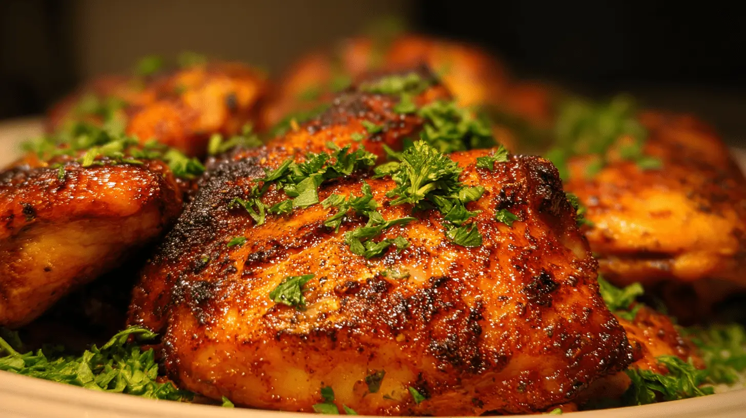 Close-up of perfectly roasted oven chicken thighs with crispy, browned skin and fresh parsley on a serving dish.